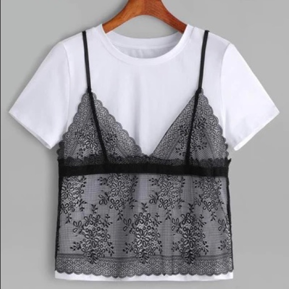 Floral Lace Cami Overlay w/ White Tee